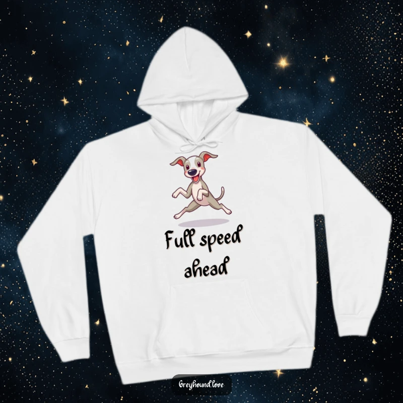 Funny Greyhound Hoodie: A joyous greyhound mid-zoomie, legs splayed, offering cozy comfort and canine humor.