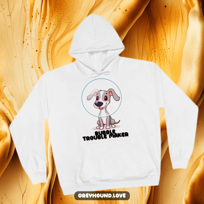 Funny Hoodie: A greyhound with a wet nose playfully boops a large, floating bubble, exuding funny, gentle charm.