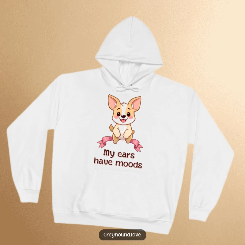 Funny Dog Hoodie: Oversized ear dog character in a dynamic leap over a ribbon, capturing a moment of pure, energetic happiness.