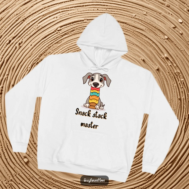Funny greyhound hoodie, featuring a talented dog balancing a stack of colorful biscuits on its nose.