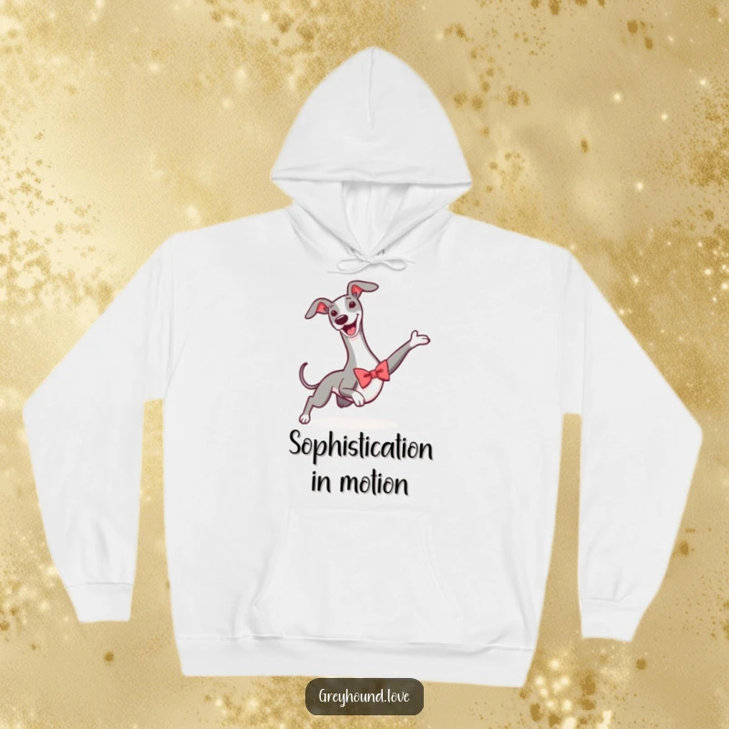 Funny hoodie showing a greyhound with a miniature bowtie, performing a dramatic and triumphant slide, exuding pure joy.