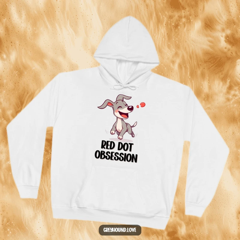 Funny joyful greyhound with ears flapping wildly chasing a blurry red dot, offering cozy comfort and humorous doggy enthusiasm.