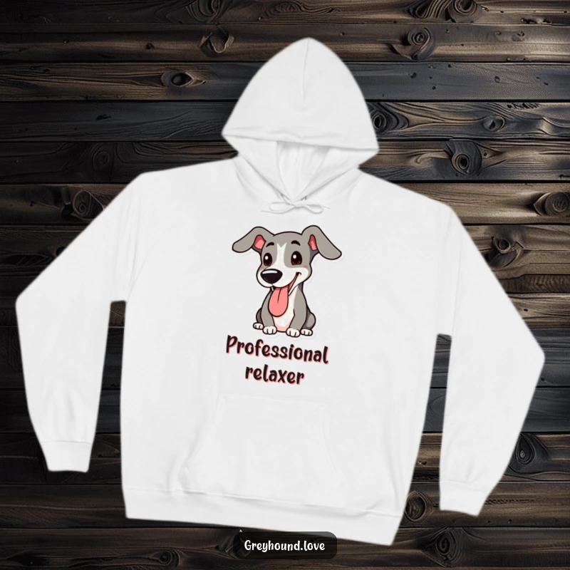 Funny Greyhound Hoodie: A happy, panting greyhound with a raised floppy ear, radiating warmth and canine charm for comfy wear.