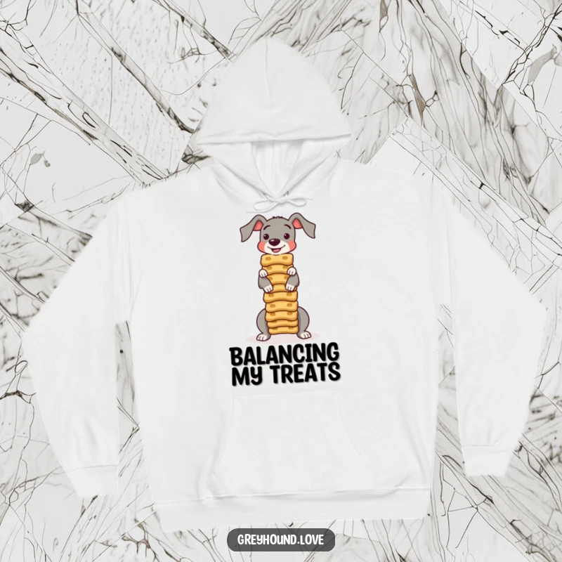 Funny HOODIE: A greyhound is expertly balancing a towering stack of dog biscuits, a truly humorous and cozy sight.