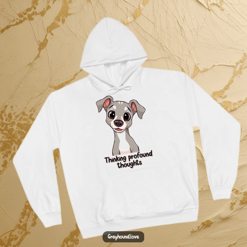 Funny Hoodie featuring a greyhound with wide, innocent eyes, its head tilted in a moment of curious contemplation.