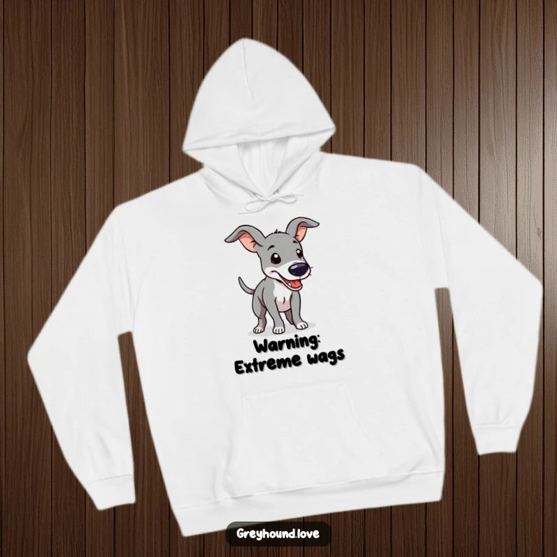 Funny Hoodie featuring a greyhound with iconic floppy ears, its tail wagging furiously in a display of pure delight.