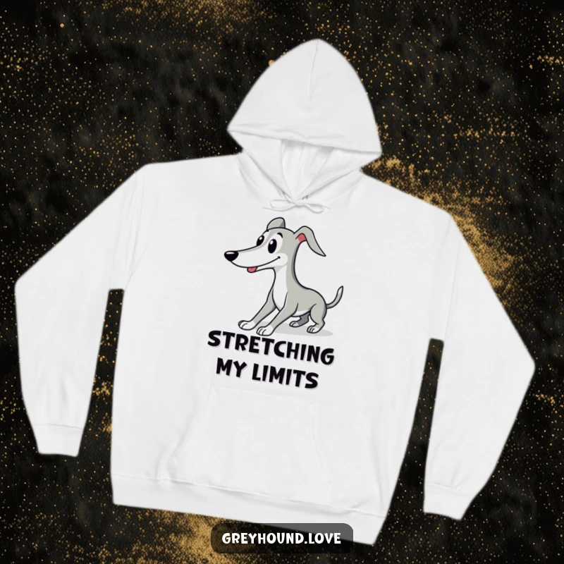 Funny Greyhound hoodie featuring a cute character in a graceful, smiling stretch, offering warmth and stylish humor.