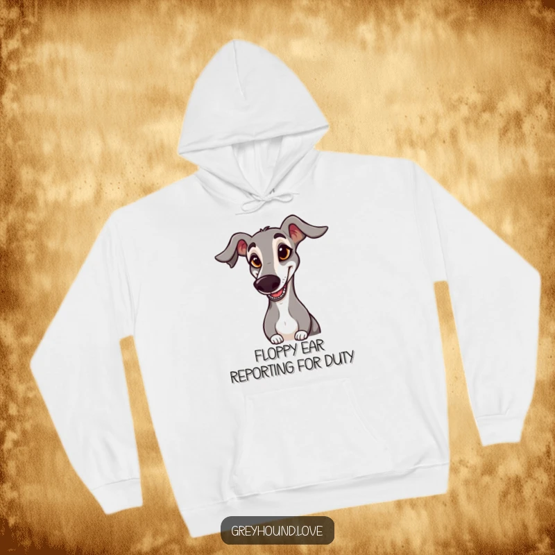 Funny HOODIE: A greyhound with a goofy expression and a floppy ear is hilariously saluting, offering warmth and laughter.