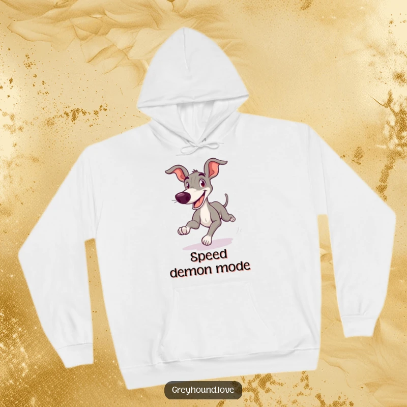 Funny Greyhound Hoodie featuring a cartoonish greyhound zooming with a massive, goofy grin, radiating playful energy and warmth.