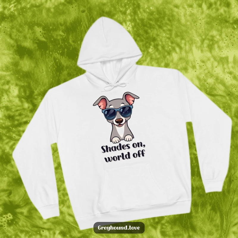 Funny hoodie depicting a greyhound in massive sunglasses, giving a playful wink, embodying a cool and mysterious vibe.