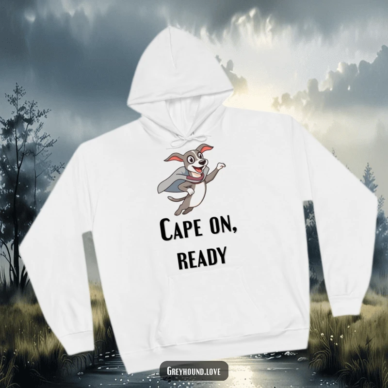 Funny Hoodie: A greyhound superhero cape wearer leaps with exaggerated funny enthusiasm, radiating heroic charm and warmth.
