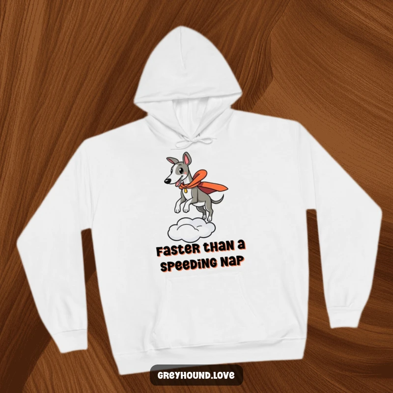 Funny hoodie design of a greyhound in a cape leaping with immense drama from a cloud, embodying courage and fun.
