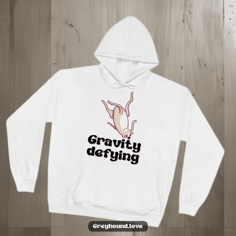 Funny Hoodie illustrating a greyhound performing a whimsical somersault, designed for ultimate warmth and humor.