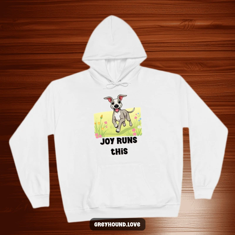 Funny hoodie showing a greyhound beaming with joy while running through a lush green field.
