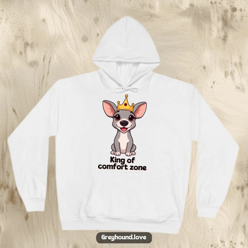 Funny hoodie: An amused, regal greyhound sporting a miniature crown, exuding canine nobility and humor. Ideal gift.