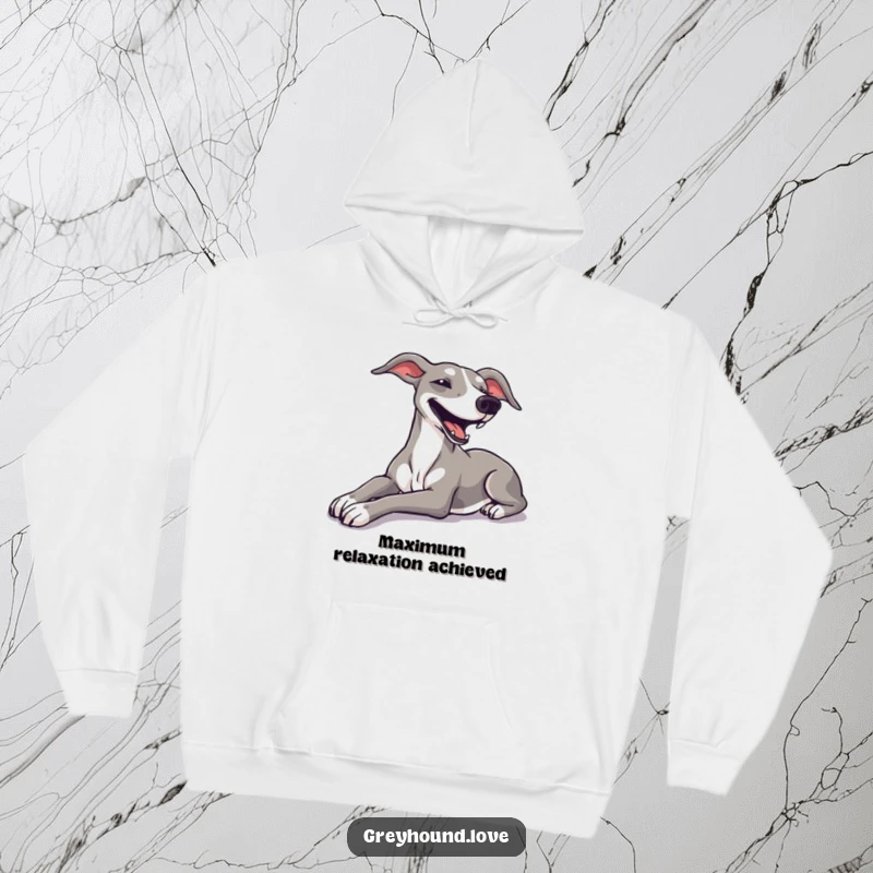 Funny greyhound stretching luxuriously with a happy sigh, soft hoodie for ultimate comfort.