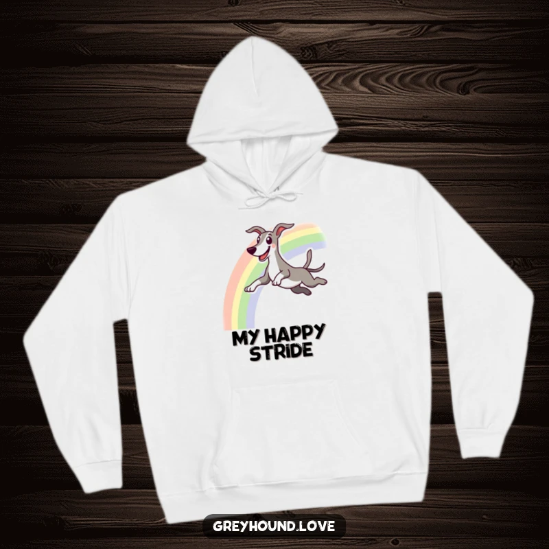 Funny hoodie featuring an excited greyhound character happily leaping over a vibrant rainbow.