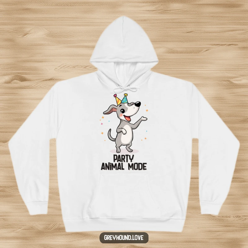 Funny Hoodie: A greyhound in a festive party hat performs a silly, funny dance, spreading joy and warmth.