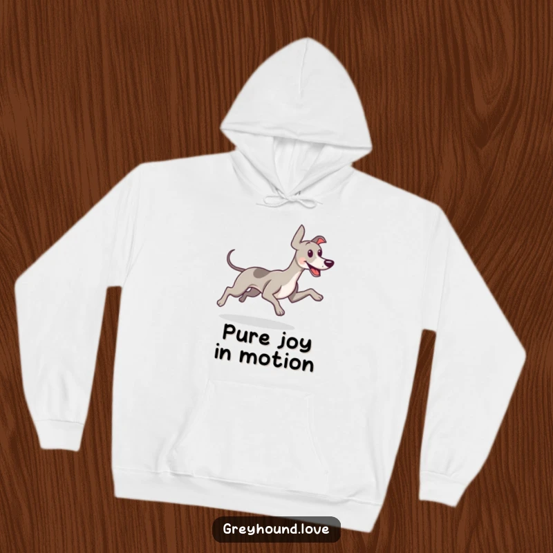 Funny hoodie featuring a greyhound running with its tail wagging enthusiastically, conveying pure, unadulterated happiness.