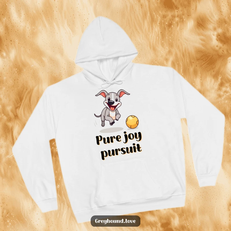 Funny greyhound hoodie, featuring a happy dog chasing a bouncing ball, perfect for active and cozy vibes.