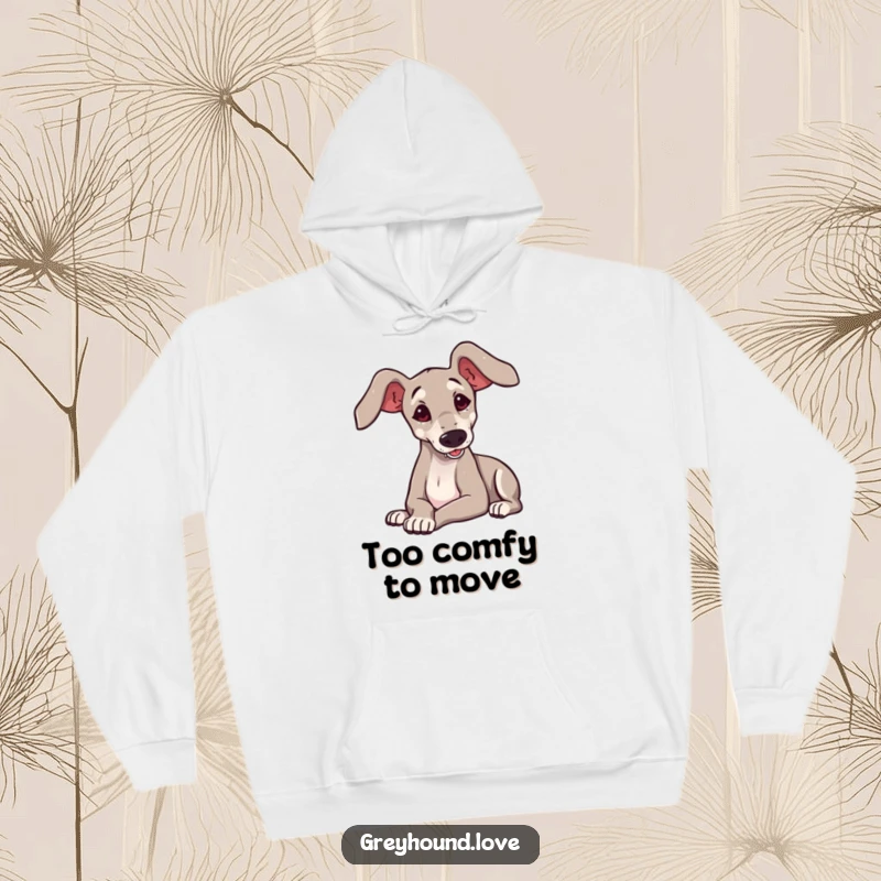 Funny greyhound with big ears flopping playfully, printed on a soft and cozy hoodie.