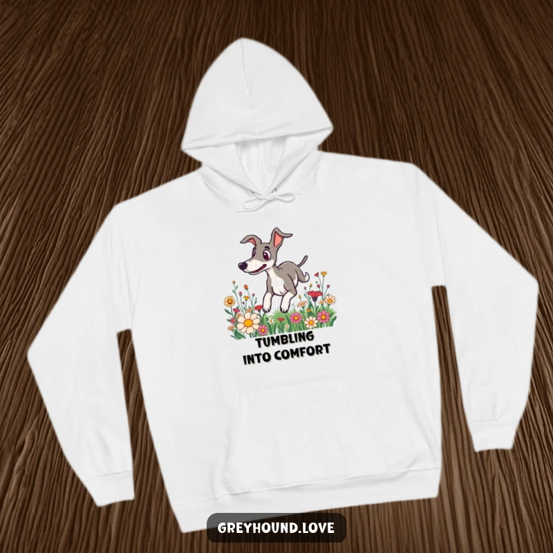 Funny hoodie design of a greyhound in a state of playful surprise, tumbling through a meadow bursting with colorful flowers.