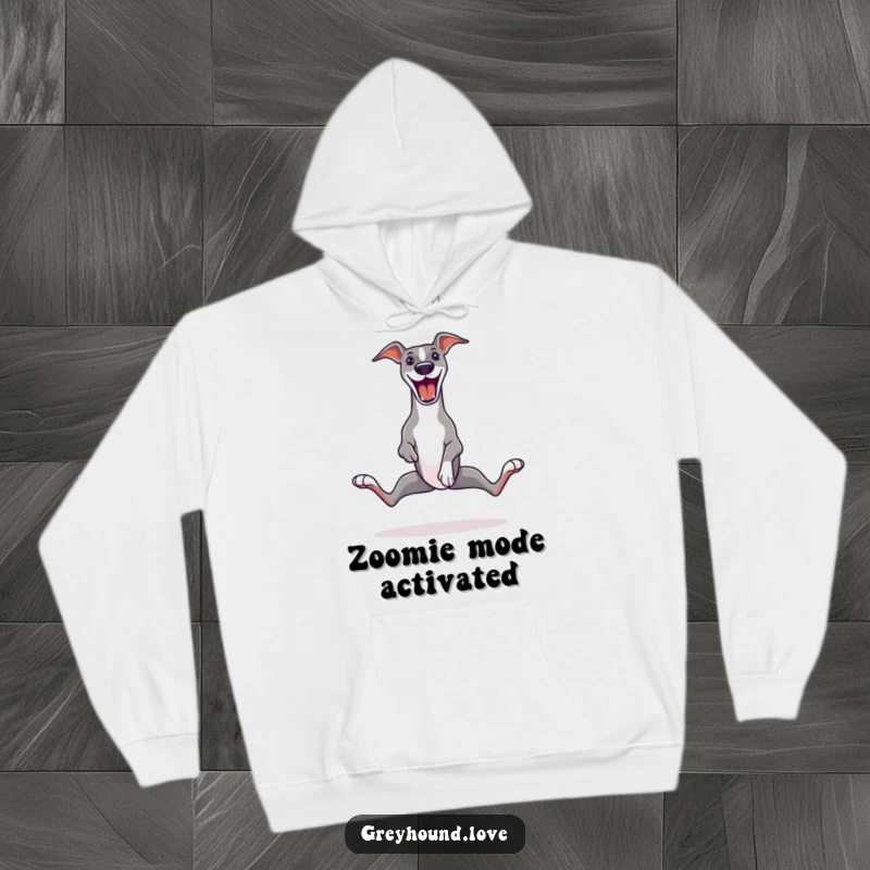 Funny Greyhound Hoodie depicting a joyful greyhound mid-zoomie, legs splayed outwards in a comical display of unbridled happiness and energy.