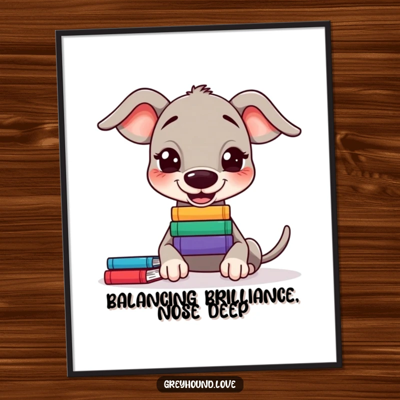 Funny Free Printable Wall Art: A studious greyhound with intense focus, balancing a small stack of books on its nose.