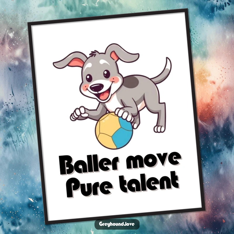 Funny Free Printable Wall Art: Smiling Greyhound Focused on Catching a Bouncing Ball with its Paws, Playful Action!