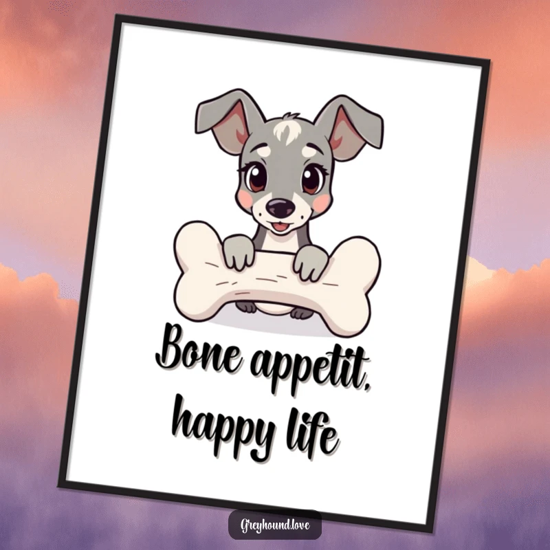 Free Printable wall art of a greyhound peeking out playfully from behind an enormous bone, adding a touch of humor.