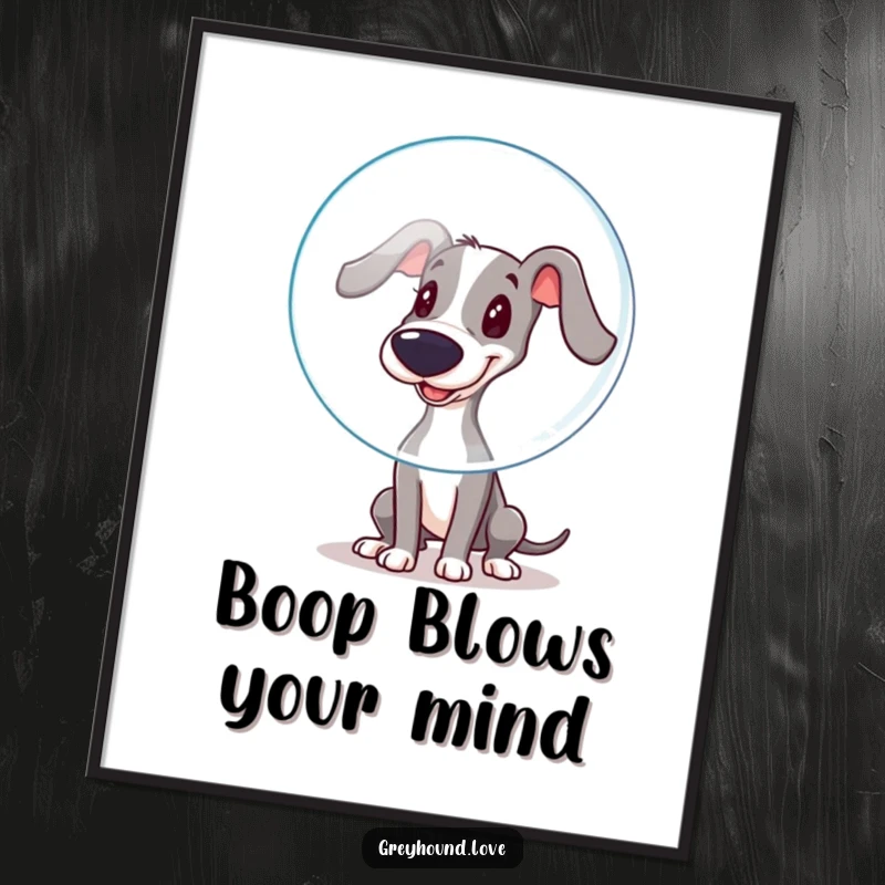 Funny Free Printable Wall Art: Playful Greyhound Booping a Giant Floating Bubble with its Wet Nose, Adorable and Fun!