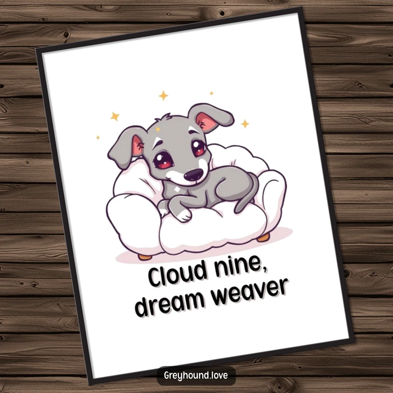 Funny Free Printable Wall Art: A greyhound with starry eyes happily lounges on a fluffy cloud sofa, dreamy downloadable art.