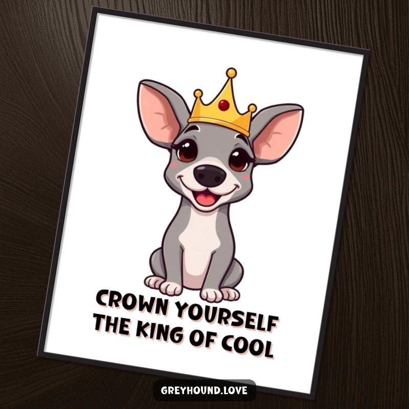 Funny Free Printable Greyhound Wall Art, wearing a tiny crown, looking regal and amused, adding a touch of quirky elegance to decor.