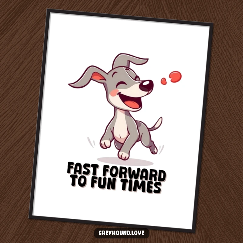 Funny Free Printable Wall Art: Joyful greyhound with ears flapping wildly, intensely chasing a blurred red dot.