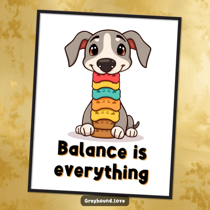 Quirky free printable wall art of a greyhound playfully balancing a tall stack of colorful dog biscuits on its nose.