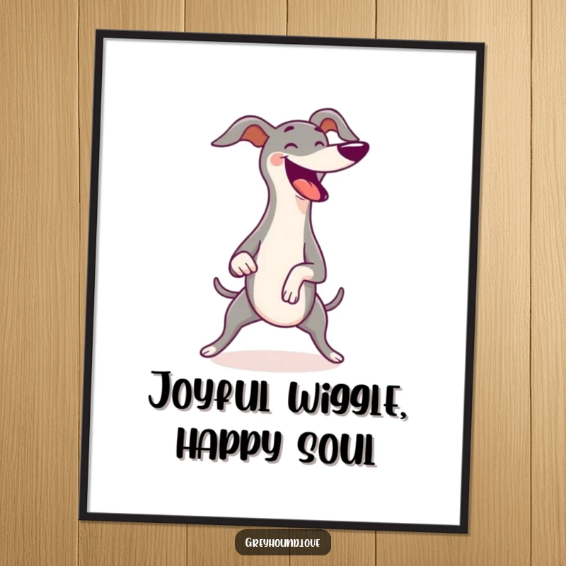 Funny Free Printable Wall Art: A greyhound depicted mid-wiggle, body shaking with pure joy, an explosion of happy energy.