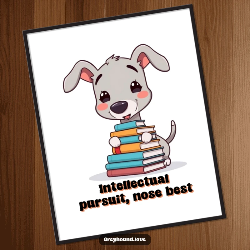 Funny Free Printable Wall Art: Greyhound balancing stack of books on its nose, library decor