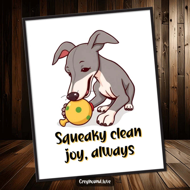 Funny Free Printable Wall Art: A greyhound playfully nudging a squeaky toy with a comically eager expression.