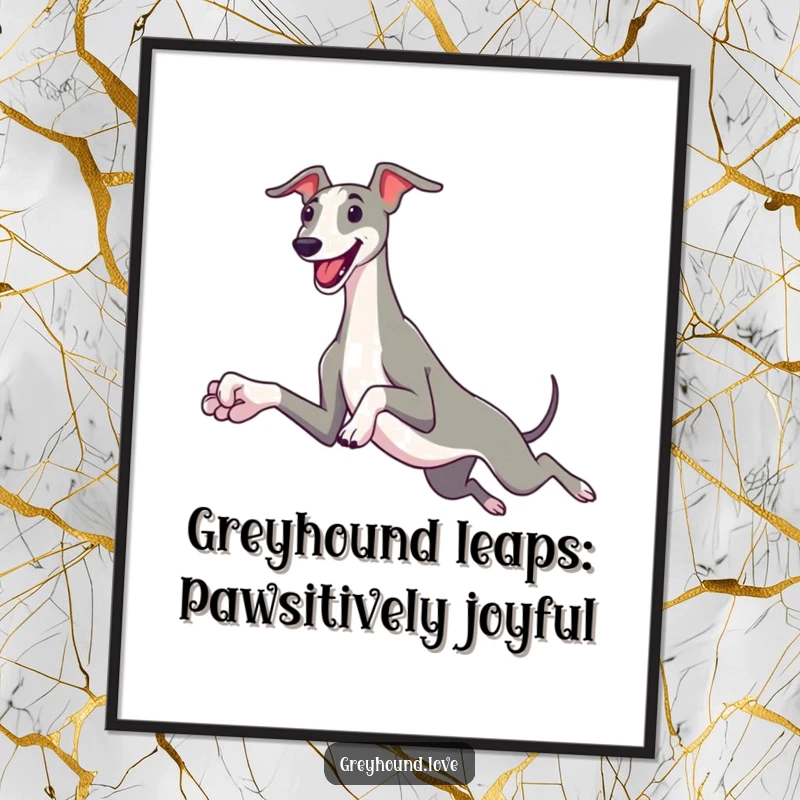 Funny Free Printable Wall Art: Greyhound with oversized paws leaping joyfully, adding a touch of playful canine art.