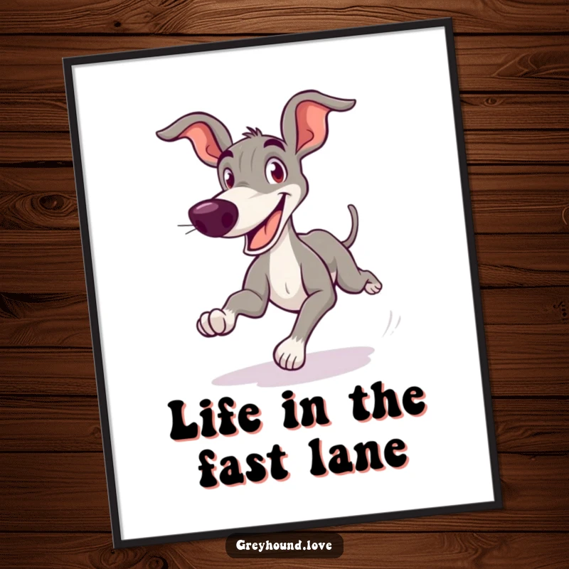 Funny Free Printable Wall Art of a greyhound zooming with a goofy grin, capturing pure joy and speed.