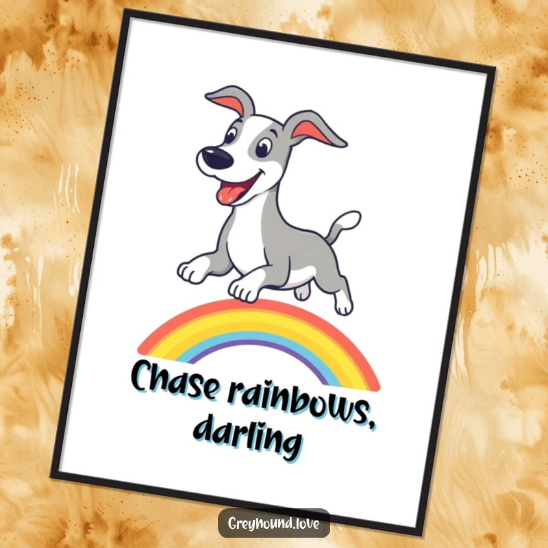Whimsical free printable wall art of an excited greyhound leaping over a bright rainbow with a happy expression.