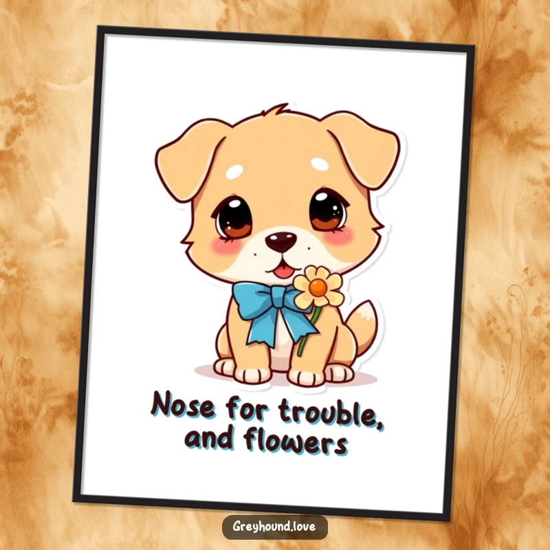 Funny Free Printable Wall Art: Sweet dog wearing a bright ribbon around its neck, eagerly smelling a detailed flower.