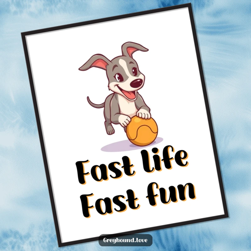 Free Printable wall art capturing a happy, determined greyhound in full sprint, joyfully chasing after a ball with zeal.