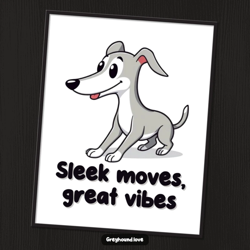 Funny Free Printable Wall Art: Cute greyhound in a long, elegant stretch, wearing a blissful smile.