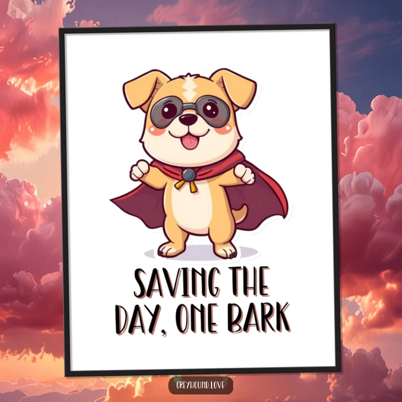 Funny Free Printable Wall Art: A dog wearing a small cape, confidently striking a dynamic superhero pose.