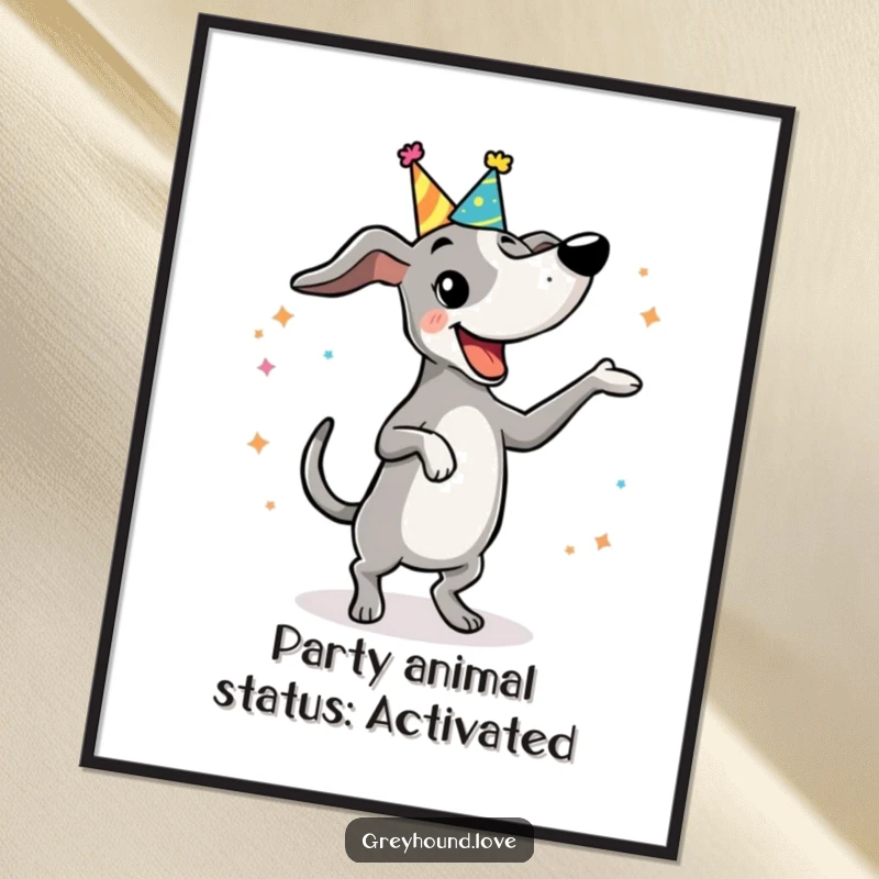 Funny Free Printable Wall Art: Greyhound Wearing a Tiny Party Hat, Caught Mid-Silly Dance, Pure Happiness!