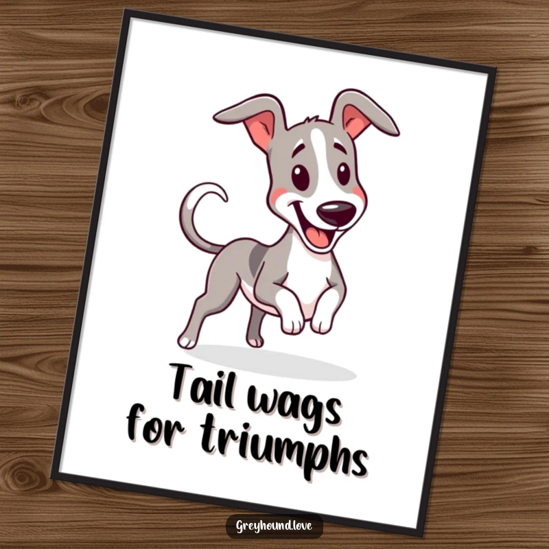 Funny Free Printable Wall Art: A greyhound wiggles with pure delight, its tail a happy blur.