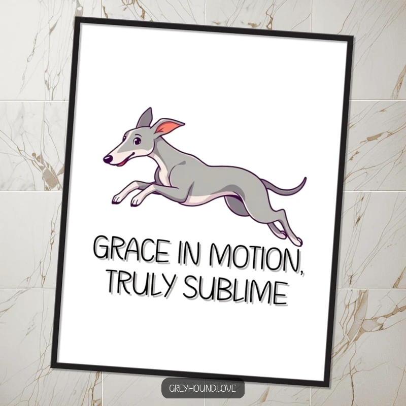Funny Free Printable Wall Art showcasing a sleek greyhound captured mid-leap with ears trailing, embodying grace and speed.