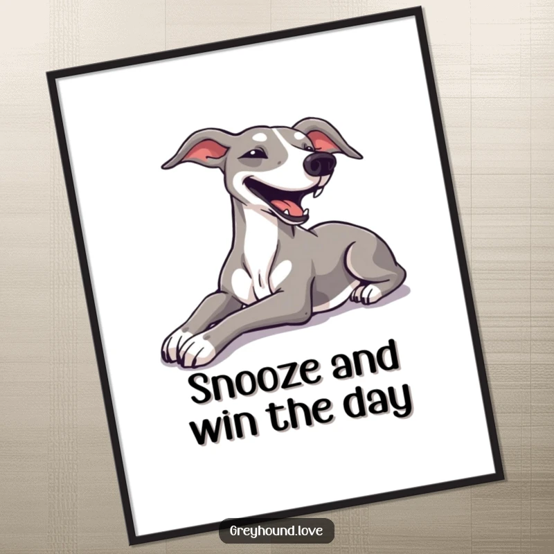 Funny Free Printable Wall Art: A greyhound stretches out completely relaxed, exuding happy contentment.