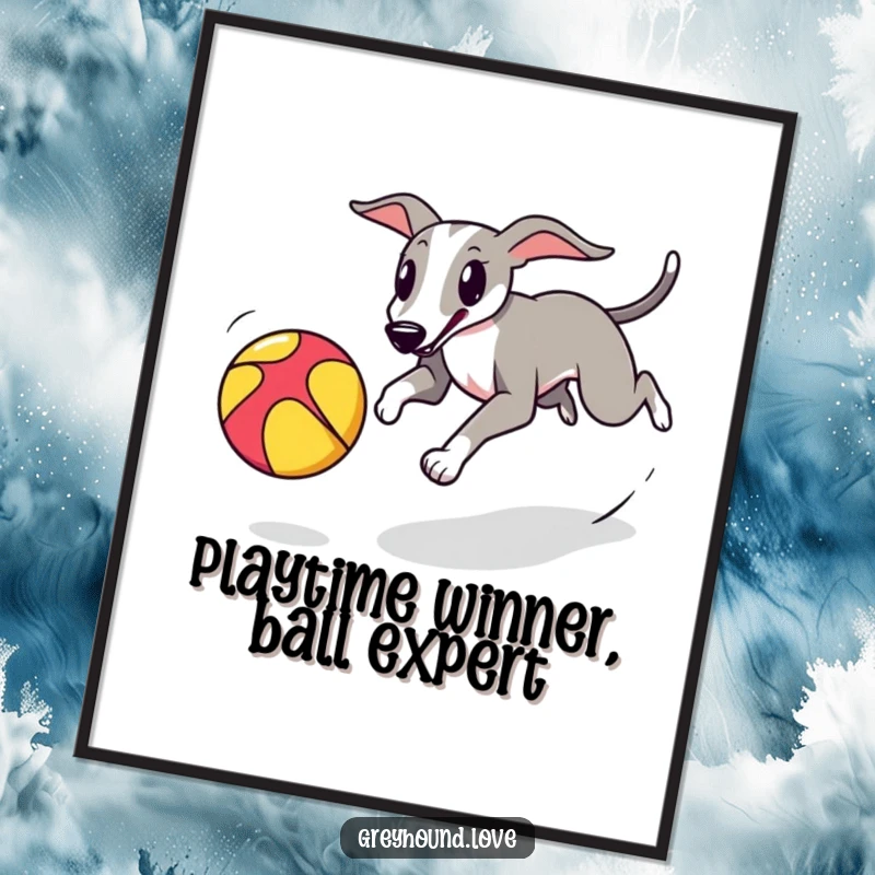 Funny Free Printable Wall Art capturing a playful greyhound in energetic pursuit of a colorful bouncing ball, full of action.